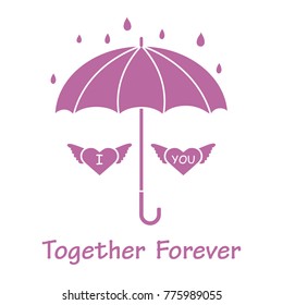 Two hearts with wings under an umbrella in the rain. Design for banner, poster or print. Greeting card Valentine's Day.
