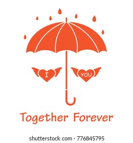Two hearts with wings under an umbrella in the rain. Design for banner, poster or print. Greeting card Valentine's Day.