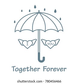 Two hearts with wings under an umbrella in the rain. Design for banner, poster or print. Greeting card Valentine's Day.