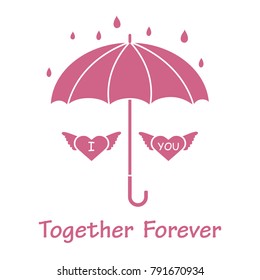 Two hearts with wings under an umbrella in the rain. Design for banner, poster or print. Greeting card Valentine's Day.