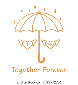 Two hearts with wings under an umbrella in the rain. Design for banner, poster or print. Greeting card Valentine's Day.