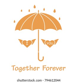 Two hearts with wings under an umbrella in the rain. Design for banner, poster or print. Greeting card Valentine's Day.