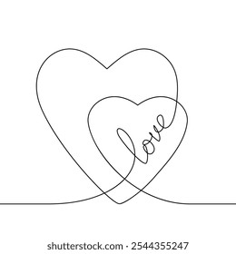 Two hearts with word Love continuous line drawing, Black and white vector minimalist illustration love concept made of one line