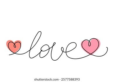 Two hearts, word love continuous one line drawing. Valentine's Day concept. Hearts connect trendy minimalist illustration. Black, white, pink colors. Minimalist outline drawing. Vector