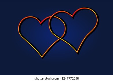 Two hearts of yellow and red, swollen, against the blue background