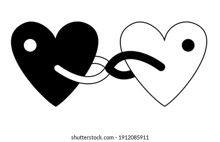 Die beiden Herzen von Yin Yang sind miteinander verbunden. Yin Yang Herz. Schwarz-Weiß. Vektorgrafik