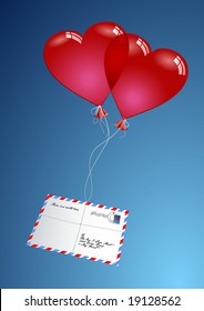 two heart-shaped balloons delivering a loveletter via "airmail"