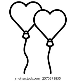 Two heart-shaped balloons floating line art icon illustration. Perfect for Valentine's Day, romantic occasions, and celebrations.