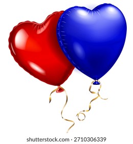 Two heart-shaped balloons, one red and one blue, with gold ribbons against a plain white background.