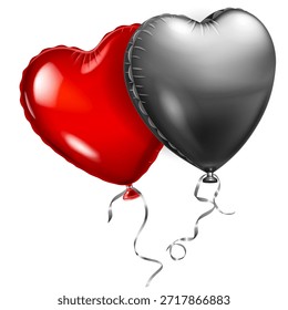 Dos globos en forma de corazón, uno rojo y otro plateado, con cintas, sobre un fondo blanco.