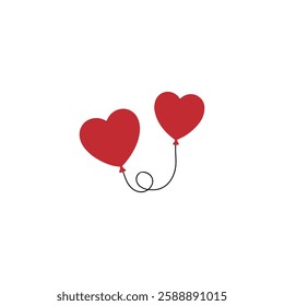 Two Heart-Shaped Balloons Symbolize Love and Celebration.Simple graphic of two red heart-shaped balloons connected by a thin black string.