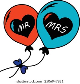 Two heart-shaped balloons tied together with a blue bow, one labeled "MR" and the other "MRS.