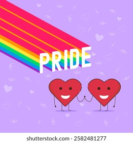 Two heart-shaped characters holding hands under a rainbow flag and the word pride, celebrating love and lgbtq+ rights