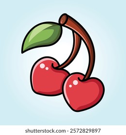 Two heart-shaped cherries on a stem with a green leaf. A cartoon illustration.