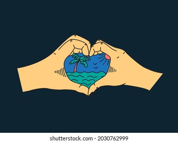 Two heart-shaped hands, the sea, a palm tree and the sun. Flat vector illustration in retro style.
