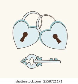 Two heart-shaped locks are connected together and a key. Valentine's Day illustration, wedding theme, vector flat icon