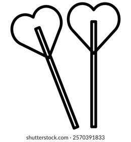 Two heart-shaped lollipops on sticks. Line art icon illustration. Perfect for Valentine's Day, sweet treats, and childhood themes.