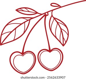 Two heart-shaped outlines hanging from thin stems, resembling cherries on a branch vector illustration