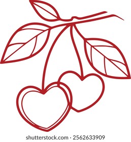 Two heart-shaped outlines hanging from thin stems, resembling cherries on a branch vector illustration