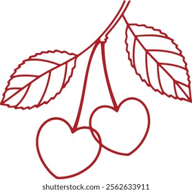 Two heart-shaped outlines hanging from thin stems, resembling cherries on a branch vector illustration