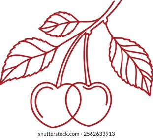 Two heart-shaped outlines hanging from thin stems, resembling cherries on a branch vector illustration