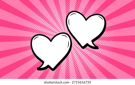 Dos burbujas de discurso en forma de corazón en estilo cómico retro sobre fondo rosa. Burbujas de discurso con semitonos y rayos radiales, o Elementos de diseño de dibujos animados, cómics. Vector 10.