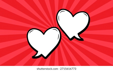 Dos burbujas de discurso en forma de corazón en estilo cómico retro sobre un fondo rojo. Burbujas de discurso con semitonos y rayos radiales, o Elementos de diseño de dibujos animados, cómics. Vector 10.