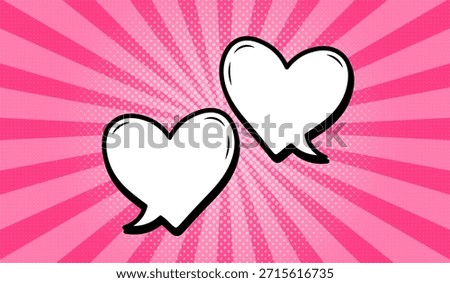 Two heart-shaped speech bubbles in retro comic style on pink background. Speech bubbles with semitones and radial rays, or elements of cartoon design, comics. Vector EPS 10.