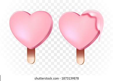 Two heart-shaped vector popsicles or ice-creams.  Love concept on transparent background. romantic sweet dessert on wooden stick for Valentine’s Day holiday. Popsicle with pink glaze love illustration
