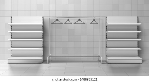 Two Heavy Racks With Empty Shelves, Clothes Hangers Hanging On Display Stand In Shop Trading Hall 3d Realistic Vector. Retail Store Supplies, Trading Business Equipment And Furniture Illustration