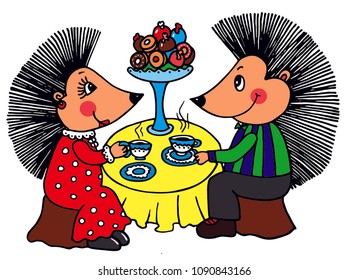 Two hedgehogs are drinking coffee. Colored vector for gift or card. 