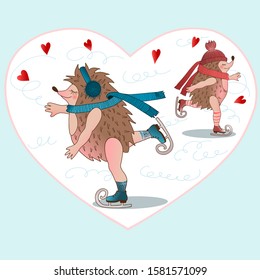 Two hedgehogs in a hat, fur headphones and scarves ice skating on a background in the form of a heart, color vector greeting card Valentine