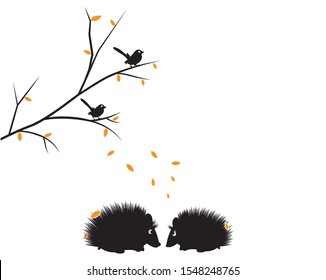 Two Hedgehogs silhouettes and branch with two birds in autumn season with autumn leaves, vector, minimalist poster design, illustration,  wall art decor, wall decals, wall decoration