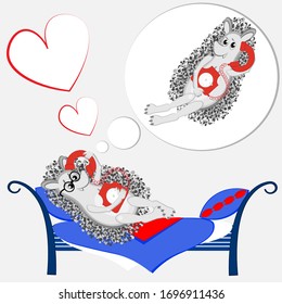 Two hedgehogs are talking to each other on the phone. Couple, relationship. I miss you, I love you. Vector illustration on a light background.