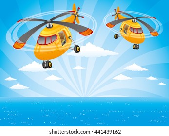 Two Helicopters In The Sky Over The Ocean.