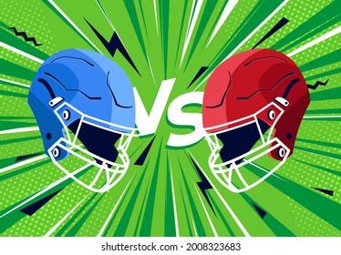 Two helmets for playing American football against each other, an active background with lines directed to the center, in the style of pop art, the day of a football match