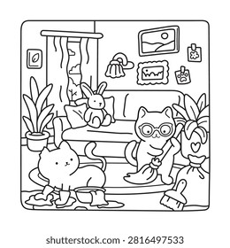 Two helpful kittens work together to tidy a cozy living room, sweeping the floor and cleaning up after a playful day. Black and white cozy coloring page for relaxing creativity.