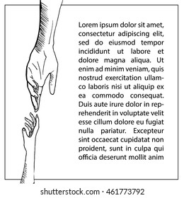 Two helping hands. Child hand. Hand drawn vector stock illustration. Black and white whiteboard drawing.