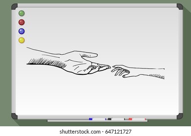 Two helping hands. Child hand. Hand drawn vector stock illustration. Black and white whiteboard drawing.