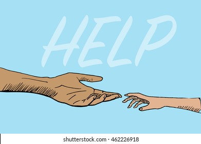 Two helping hands. Help sign. Help concept. Hand drawn vector stock illustration.