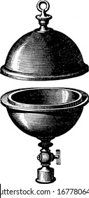 Two hemisphere separated by some gap, lower hemisphere has ring shaped handle and the lower hemisphere is attached with the valve, vintage line drawing or engraving illustration.