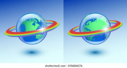 Dos hemisferios del planeta Tierra con arcos de arco iris alrededor. Brillantes resúmenes radiantes y sombras