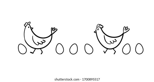 Two hens go and lay eggs. Vector stock illustration black outline isolated. Hand-drawn doodle chickens with eggs on a white background. For background, concept of farming eggs.