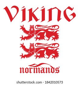Two heraldic lions and vintage inscription - Viking, isolated on white, vector illustration