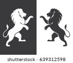 Two heraldic rampant lion silhouettes in black and white colors. Coat of arms. Heraldry logo design element.