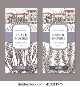 Two Herbes de Provence labels with Provence mansion landscape, lavender and rosemary sketch on white. Culinary herbs collection. Great for cooking, medical, gardening design.