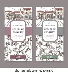 Two Herbes de Provence labels with mansion landscape, savory and oregano sketch. Culinary herbs collection. Great for cooking, medical, gardening design.