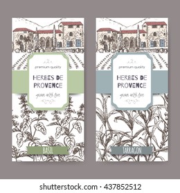 Two Herbes de Provence labels with Provence mansion landscape, basil and tarragon sketch on white. Culinary herbs collection. Great for cooking, medical, gardening design.