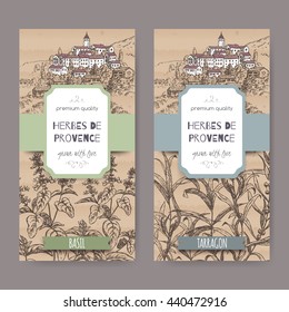 Dois rótulos de Herbes de Provence com paisagem da cidade de Provence, manjericão e esboço de dragão no fundo de papelão. Coleção de ervas culinárias. Ótimo para cozinhar, médicos, projeto de jardinagem.