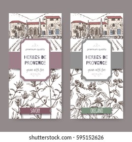 Two Herbes de Provence labels with Provence cottage, savory and oregano sketch. Culinary herbs collection. Great for cooking, medical, gardening design.